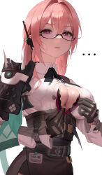 ... 1girl absurdres armor black-framed_eyewear black_gloves black_skirt bra bra_peek bra_pull breasts buttons closed_mouth clothes_pull collared_shirt commentary cowboy_shot earpiece earrings glasses gloves hair_between_eyes hair_intakes high-waist_skirt highres hyuk_(yeayeo) id_card jewelry lace lace-trimmed_bra lace_trim large_breasts long_hair looking_at_viewer paid_reward_available partially_unbuttoned pauldrons pink_hair pink_pupils purple_bra purple_eyes semi-rimless_eyewear shirt shoulder_armor sidelocks simple_background single_pauldron skirt solo sweat sweatdrop tsukishiro_yanagi underbust underwear white_background white_shirt zenless_zone_zerop