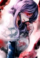 Rule 34 | 10s, 1girl, black sclera, blood, blood on hands, blurry, chiruru96, colored sclera, crack, dutch angle, from side, glowing, glowing eye, gradient background, hand to own mouth, highres, kamishiro rize, letty whiterock, light purple hair, looking at viewer, puffy sleeves, red eyes, sidelocks, sketch, solo, tokyo ghoul, touhou, upper body