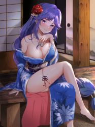 Rule 34 | 1girl, absurdres, alcohol, azur lane, bare shoulders, barefoot, biloxi (azur lane), biloxi (night sky&#039;s brilliant blue blossoms) (azur lane), blue kimono, blush, breasts, cleavage, clothes down, collarbone, commission, cup, fireworks, floral print, flower, futon fly away, hair flower, hair ornament, hair over shoulder, hand up, highres, holding, holding cup, japanese clothes, kimono, large breasts, leg ribbon, long braid, long hair, looking at viewer, obi, official alternate costume, pixiv commission, purple eyes, purple hair, red flower, red rose, ribbon, rose, sake, sash, shadow, shouji, sitting, sliding doors, solo, thigh ribbon, thighs, very long hair