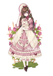 Rule 34 | 1girl, absurdres, black footwear, bonnet, bow, brown hair, chin strap, crossed bangs, dress, flower, frilled dress, frilled sleeves, frills, full body, hair between eyes, hand on headwear, highres, layered dress, lolita fashion, morning glory, original, parted lips, purple eyes, ribbon, sample watermark, smile, solo, watermark, white background, yuzhi