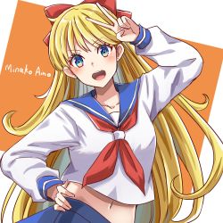 Rule 34 | 1girl, absurdres, aino minako, bishoujo senshi sailor moon, blonde hair, blue eyes, blue skirt, bow, chanmarorux, character name, collarbone, earrings, hair between eyes, hair ornament, hand on own hip, hand up, highres, jewelry, long sleeves, midriff, multicolored eyes, navel, open mouth, red bow, red ribbon, ribbon, school uniform, serafuku, shirt, simple background, skirt, solo, teeth, two-tone background, upper teeth only, v, white shirt
