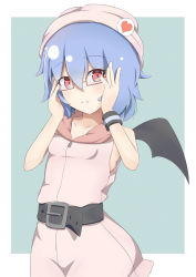 Rule 34 | 1girl, adjusting eyewear, alternate costume, bare arms, bat wings, beanie, belt, bespectacled, blue hair, commentary, fang, fang out, glasses, hair ornament, hat, heart, heart hair ornament, hooded dress, looking at viewer, mknongr, red eyes, remilia scarlet, semi-rimless eyewear, short hair, sleeveless, sleeveless hoodie, smile, solo, touhou, wings