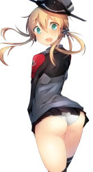 Rule 34 | 10s, 1girl, :o, anchor hair ornament, aqua eyes, ass, black thighhighs, blonde hair, blush, cowboy shot, from behind, hair ornament, hat, highres, kantai collection, long hair, looking at viewer, looking back, low twintails, metindone, microskirt, open mouth, panties, pantyshot, peaked cap, prinz eugen (kancolle), simple background, skirt, solo, standing, sweatdrop, thighhighs, twintails, underwear, white background, white panties