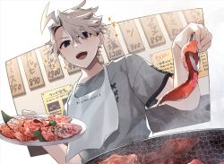 Rule 34 | 1boy, :d, ahoge, animal print, apron, black eyes, border, butterfly print, cooking, curtained hair, fate/grand order, fate (series), food, grey hair, grey skirt, grill, grilling, hair between eyes, highres, holding, holding plate, holding tongs, james moriarty (ruler) (fate), lightning ahoge, looking at viewer, male focus, meat, open mouth, outside border, plate, price list, print shirt, raw meat, restaurant, shirt, short hair, short sleeves, skirt, smile, smoke, solo, sparkle, t-shirt, teeth, tia (cocorosso), tongs, upper body, upper teeth only, white apron, white border, yakiniku