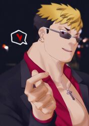 Rule 34 | 1boy, bara, black hair, black suit, blonde hair, character request, earrings, finger heart, formal, heart, heraku (haga1212), highres, jewelry, layered shirt, male focus, multicolored hair, official alternate costume, one eye closed, partially unbuttoned, pectoral cleavage, pectorals, portrait, red shirt, scar, scar across eye, shirt, short hair, sideburns, solo, spoken heart, suit, sunglasses, tokyo houkago summoners, two-tone hair