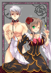 Rule 34 | 1boy, 1girl, ;), axis powers hetalia, beatrice (cosplay), beatrice (umineko), bow, brown hair, chain, choker, clothed female nude male, collar, cosplay, crossed arms, dress, flower, green eyes, hair flower, hair ornament, hungary (hetalia), index finger raised, leash, nude, one eye closed, pink bow, prussia (hetalia), red eyes, revision, rose, shaded face, smile, sousui hani, umineko no naku koro ni, white hair, wide sleeves