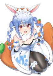 Rule 34 | &gt; &lt;, 1girl, :d, absurdres, animal, animal ear fluff, animal ears, animal on head, black gloves, black leotard, black pantyhose, blue hair, blush, bow, braid, bridal garter, carrot hair ornament, commentary, detached sleeves, don-chan (usada pekora), dress, food-themed hair ornament, gloves, hair bow, hair ornament, highres, hololive, hololive fantasy, leotard, leotard under clothes, long hair, looking at viewer, mizo, on head, open mouth, pantyhose, pekomon (usada pekora), rabbit ears, red eyes, shoes, short eyebrows, short sleeves, simple background, smile, solo, strapless, strapless dress, strapless leotard, stuffed carrot, thick eyebrows, twin braids, twintails, usada pekora, usada pekora (1st costume), very long hair, virtual youtuber, white background, white bow, white dress, white hair