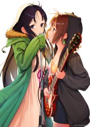 Rule 34 | 2girls, akiyama mio, animal hood, artist name, black eyes, black hair, black hoodie, blue shorts, blush, breasts, brown eyes, brown hair, commentary, covered mouth, cowboy shot, dress, earrings, electric guitar, english commentary, facing viewer, from side, fur-trimmed jacket, fur trim, guitar, highres, hirasawa yui, hood, hooded jacket, hoodie, instrument, jacket, jewelry, k-on!, light particles, long hair, long sleeves, looking at another, looking at viewer, looking to the side, meowster, microphone, microphone stand, multiple girls, parted bangs, parted lips, pink dress, red ribbon, ribbon, short hair, shorts, simple background, sleeves past wrists, standing, white background