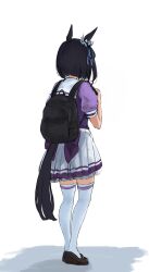 Rule 34 | 1girl, absurdres, animal ears, backpack, bag, black footwear, black hair, bow, commentary request, eishin flash (umamusume), facing away, from behind, full body, hand up, highres, horse ears, horse girl, horse tail, loafers, pleated skirt, puffy short sleeves, puffy sleeves, purple bow, purple shirt, shadow, shirt, shoes, short sleeves, simple background, skirt, solo, standing, tail, thighhighs, umamusume, white background, white skirt, white thighhighs, yama zakii