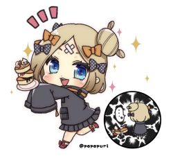 Rule 34 | ..., 1girl, :d, abigail williams (fate), abigail williams (traveling outfit) (fate), black bow, black jacket, blonde hair, blue eyes, blush, bow, chibi, commentary request, crossed bandaids, eyebrows hidden by hair, fate/grand order, fate (series), food, hair bow, hair bun, heroic spirit traveling outfit, holding, holding plate, jacket, long hair, long sleeves, multiple hair bows, multiple views, official alternate costume, open mouth, orange bow, outstretched arms, pancake, pancake stack, parted bangs, plate, polka dot, polka dot bow, popo (popopuri), red footwear, shoes, simple background, single hair bun, sleeves past fingers, sleeves past wrists, smile, sparkle, spill, spoken ellipsis, standing, standing on one leg, teeth, twitter username, upper teeth only, white background