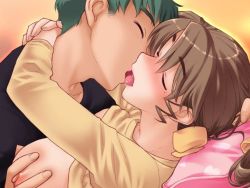 Rule 34 | 1boy, 1girl, age difference, arms around neck, blush, bow, boy on top, grabbing another&#039;s breast, breasts, breasts out, brown hair, closed eyes, clothes lift, couple, french kiss, from side, game cg, grabbing, green hair, grey hair, hair bow, heart, heart print, hetero, hug, incest, indoors, kiriyama taichi, kiss, large breasts, long hair, long sleeves, lying, lying on person, mature female, mole, mole under eye, moroboshi kyouko, moroboshi ryuuichi, mother and son, nipples, no bra, nose blush, on back, open mouth, orange background, parted bangs, pillow, ponytail, saliva, shirt, shirt lift, short hair, sweet home, tongue, upper body