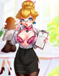 Rule 34 | 1girl, adjusting eyewear, alternate costume, alternate hairstyle, artist name, ass, bespectacled, black-framed eyewear, black skirt, black thighhighs, blonde hair, blue eyes, bra, breasts, breasts apart, brown hair, business suit, choker, cleavage, clipboard, collarbone, cowboy shot, dress shirt, earrings, english text, enma (enmanuelart), eyelashes, eyeshadow, fingernails, formal, front-hook bra, glasses, hair bun, hands up, high-waist skirt, high heels, highres, holding, holding clipboard, jewelry, lace, lace-trimmed bra, lace trim, large breasts, lips, long fingernails, long sleeves, looking at viewer, makeup, mario (series), medium hair, miniskirt, nail polish, nintendo, office lady, on table, open bra, open clothes, open mouth, open shirt, paper, pen, pencil skirt, pendant choker, pink bra, pink choker, pink eyeshadow, pink lips, pink nails, princess daisy, princess peach, ring, see-through, see-through shirt, semi-rimless eyewear, shirt, short hair, side slit, single hair bun, sitting, skindentation, skirt, skirt suit, sphere earrings, suit, super mario bros. 1, super mario land, table, teeth, thighhighs, tight skirt, unbuttoned, unbuttoned shirt, underwear, undone bra, upper teeth only, white shirt, wing collar, wrinkled skin