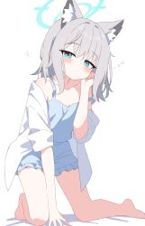 Rule 34 | 1girl, absurdres, animal ear fluff, animal ears, bare shoulders, blue archive, blue camisole, blue eyes, blue halo, blue shorts, blush, camisole, closed mouth, dot mouth, expressionless, frilled shorts, frills, grey hair, halo, highres, kneeling, looking at viewer, medium hair, shadow, shiroko (blue archive), short shorts, shorts, simple background, sleepwear, solo, squeans, strap slip, white background, wolf ears, yukisiannn