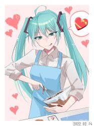 Rule 34 | 1girl, :d, absurdres, ahoge, apron, aqua eyes, aqua hair, blue apron, border, cellphone, chocolate making, collared shirt, commentary, cooking, dress shirt, hair between eyes, hatsune miku, heart, highres, holding, holding whisk, long hair, mixing, mixing bowl, open mouth, phone, pink background, shirt, simple background, sleeves past elbows, smartphone, smile, solo, sparkle, spoken object, tongue, tongue out, tsukuno tsuki, twintails, twitter username, valentine, vocaloid, whisk, white border, white shirt