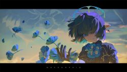 Rule 34 | blue dress, blue eyes, blue flower, blue halo, cloud, cloudy sky, dress, earrings, evening, falling flower, floating hair, flower, flower on chest, gloves, halo, high collar, highres, holding, holding flower, hololive, hololive english, jewelry, letterboxed, liquid halo, mazu (mazumaro), meconopsis (ninomae ina&#039;nis), melting halo, ninomae ina&#039;nis, official alternate costume, official alternate hairstyle, outside border, pointy ears, puffy short sleeves, puffy sleeves, short hair, short sleeves, single earring, sky, upper body, virtual youtuber