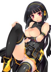 Rule 34 | 1girl, arm garter, bare shoulders, beatmania, beatmania iidx, belt, black hair, black thighhighs, blunt bangs, boots, breast hold, breasts, breasts out, facial mark, female focus, fingernails, hand on own knee, head tilt, headphones, highres, hinazuki ririna, kinoshita ichi, large breasts, leg lift, legs, long fingernails, long hair, looking at viewer, nipples, no bra, panties, pantyshot, pouch, red eyes, shiny clothes, shiny skin, simple background, sitting, skirt, sleeveless, solo, striped clothes, striped panties, thighhighs, underwear, uniform, upskirt, white background