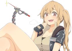 Rule 34 | 1girl, blonde hair, breasts, cleavage, crossed legs, fang, fingerless gloves, girls&#039; frontline, gloves, hair between eyes, id card, large breasts, long hair, looking at viewer, m870 (girls&#039; frontline), mechanical tail, open mouth, orange eyes, salpin, sheriff badge, smile, smug, solo, tail, twintails, white background