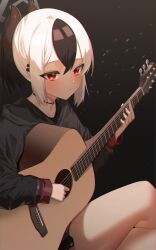 Rule 34 | 1girl, absurdres, acoustic guitar, black background, black choker, black hair, black sweater, blue archive, choker, commentary request, crossed legs, demon girl, demon horns, gimseol, guitar, hair between eyes, halo, highres, holding, holding instrument, hood, hooded sweater, horns, instrument, kayoko (blue archive), long hair, long sleeves, looking at viewer, multicolored hair, music, playing instrument, pleated skirt, ponytail, red eyes, sidelocks, simple background, sitting, skirt, solo, sweater, two-tone hair, white hair