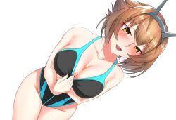 Rule 34 | 1girl, black one-piece swimsuit, blush, breasts, brown eyes, brown hair, cleavage, clothes pull, collarbone, competition swimsuit, cowboy shot, flipped hair, from above, gluteal fold, graphite (medium), headgear, highres, kantai collection, large breasts, legs together, looking at viewer, mechanical pencil, miyamoto musashi (swimsuit berserker) (first ascension) (fate), mutsu (kancolle), one-piece swimsuit, one-piece swimsuit pull, open mouth, pencil, pulled by self, short hair, simple background, solo, standing, swimsuit, teeth, traditional media, upper teeth only, utsumi karmin, wet, white background