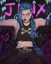 1girl arcane:_league_of_legends arcane_jinx artist_name asymmetrical_bangs belt black_lips blue_hair braid braided_ponytail character_name halterneck hashtag-only_commentary highres jinx_(league_of_legends) league_of_legends looking_at_viewer pants pink_eyes sitting solo striped_clothes striped_pants tenartistt vertical-striped_clothes vertical-striped_pants