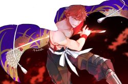 Rule 34 | 1boy, character name, cowboy shot, emiya shirou, fate/grand order, fate (series), fighting stance, floral print, hally, highres, holding, holding sword, holding weapon, male focus, open mouth, parted lips, ready to draw, red hair, senji muramasa (fate), solo, sword, tassel, topless male, under covers, weapon, wristband, yellow eyes