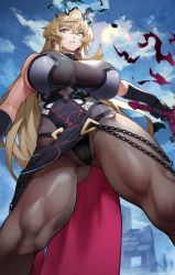 Rule 34 | 1girl, absurdres, armor, bare shoulders, black dress, blonde hair, blue eyes, blue sky, breasts, brown pantyhose, chain, covered navel, dress, earrings, barghest (fate), barghest (second ascension) (fate), fate/grand order, fate (series), gauntlets, heterochromia, highres, horns, jewelry, large breasts, long hair, looking at viewer, pantyhose, pauldrons, pelvic curtain, red eyes, shoulder armor, sideboob, single gauntlet, single pauldron, sky, solo, thighs, yoshio (55level)