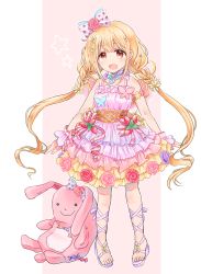Rule 34 | 1girl, :d, armlet, arms at sides, bare shoulders, bell, belt, blonde hair, blue bow, blue ribbon, blush, body blush, bow, bracelet, braid, butterfly ornament, candy, chii (sbshop), choker, daisy, dot nose, dress, fairy wings, fake wings, fingernails, flower, food, frilled choker, frilled dress, frills, fruit, full body, futaba anzu, gem, hair bow, hair flower, hair ornament, highres, idolmaster, idolmaster cinderella girls, idolmaster cinderella girls starlight stage, jewelry, layered dress, leg ribbon, lollipop, long hair, looking at viewer, multicolored clothes, multicolored dress, neck bell, neck ribbon, open mouth, out of frame, outline, pearl (gemstone), pearl bracelet, pigeon-toed, pink background, pink belt, pink bow, pink choker, pink dress, pink flower, pink ribbon, pink rose, pink wings, polka dot, polka dot bow, purple bow, purple dress, purple footwear, purple ribbon, red flower, red rose, ribbon, rose, sandals, sidelocks, skirt, sleeveless, sleeveless dress, smile, solo, spaghetti strap, standing, star (symbol), strawberry, stuffed animal, stuffed rabbit, stuffed toy, tareme, toes, twin braids, twintails, very long hair, wings, wrist cuffs, yellow eyes, yellow skirt