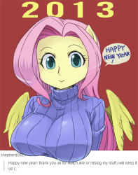 Rule 34 | 10s, 1girl, 2013, animal ears, breasts, colored skin, english text, fluttershy, fourth wall, furry, furry female, green eyes, hair intakes, happy new year, horse ears, horse girl, large breasts, long hair, my little pony, my little pony: friendship is magic, new year, out of frame, personification, pink hair, red background, ribbed sweater, shepherd0821, simple background, smile, solo, sweater, taut clothes, text focus, tumblr username, turtleneck, wings, yellow skin