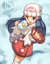 Rule 34 | 00s, 1girl, 2013, beanie, blue eyes, blue hair, coat, creatures (company), dated, dawn (pokemon), game freak, gen 4 pokemon, hat, holding, holding poke ball, junkpuyo, kneehighs, long hair, nintendo, piplup, poke ball, poke ball (basic), pokemon, pokemon (creature), pokemon dppt, scarf, shared clothes, shared scarf, smile, snow, socks, white scarf, winter clothes, winter coat