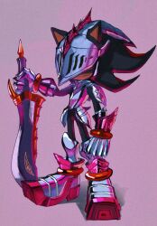 Rule 34 | 1boy, armor, armored boots, black fur, boots, breastplate, clenched hand, furry, furry male, hedgehog, helmet, highres, holding, holding sword, holding weapon, lancelot (sonic), metal gloves, mochi paya, shadow the hedgehog, shoulder armor, sonic (series), sonic and the black knight, sword, visor (armor), weapon