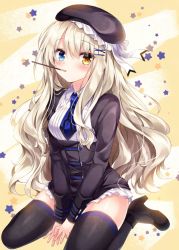 Rule 34 | 1girl, beret, black shirt, black thighhighs, blonde hair, blue eyes, blush, breasts, commentary request, food, framed breasts, hair ornament, hairclip, hat, heterochromia, high heels, long hair, long sleeves, looking at viewer, luca (nogi takayoshi), miniskirt, mouth hold, necktie, nogi takayoshi, orange eyes, original, pocky, shirt, short necktie, sidelocks, sitting, skirt, small breasts, solo, star (symbol), thighhighs, thighs, v arms, very long hair, wariza, white skirt, wing collar, x hair ornament, zettai ryouiki