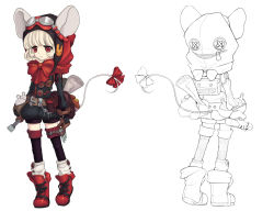 Rule 34 | 1girl, animal ears, bad id, bad pixiv id, black thighhighs, boots, bow, brown gloves, buttons, character sheet, cherinova, ears through headwear, gloves, goggles, goggles on head, highres, hood, key, large bow, lineart, mouse ears, mouse tail, multiple views, original, red eyes, scroll, short hair, shorts, simple background, socks, tail, tail bow, tail ornament, test tube, thighhighs, turnaround, vial, white hair, white thighhighs, zipper