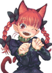 Rule 34 | 1girl, animal ears, braid, cat ears, cat girl, cat tail, extra ears, fangs, female focus, highres, kaenbyou rin, multiple tails, nametake, one eye closed, open mouth, red eyes, red hair, solo, tail, teeth, touhou, twin braids, upper body, wink