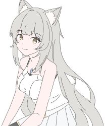 Rule 34 | 1girl, animal ear fluff, animal ears, bare arms, bare shoulders, breasts, brown eyes, camisole, closed mouth, commentary request, grey hair, highres, long hair, medium breasts, mio (xenoblade), mizukoromo, pleated skirt, simple background, skirt, smile, solo, very long hair, white background, white camisole, white skirt, xenoblade chronicles (series), xenoblade chronicles 3