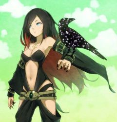 Rule 34 | animal on arm, belt, bird, black hair, black nails, blue eyes, breasts, cloud, crow, crow (gravity daze), eyes visible through hair, gravity daze, gravity daze 2, green background, hair over one eye, long hair, long sleeves, medium breasts, midriff, multicolored hair, nail polish, navel, red hair, solo, thighs, xii (gravity daze)