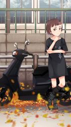 Rule 34 | 1girl, autumn leaves, black footwear, black shirt, black socks, blunt bangs, bob cut, boots, brown eyes, brown hair, clip studio paint (medium), commentary, full body, hand on own chin, highres, jewelry, kneehighs, looking at viewer, motor vehicle, necklace, original, outdoors, russian commentary, scooter, servachok, shirt, short hair, socks, solo, standing, t-shirt