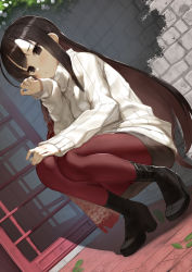 Rule 34 | 1girl, black eyes, black footwear, black hair, black skirt, blush, boots, brick floor, brick wall, commentary request, dutch angle, flower, full body, hand up, high heel boots, high heels, highres, leaf, long hair, long sleeves, looking at viewer, miniskirt, original, pantyhose, pencil skirt, red pantyhose, ribbed sweater, scottie (phantom2), shadow, skirt, solo, squatting, sweater, thighs, turtleneck, turtleneck sweater, very long hair, white flower, white sweater