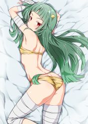 Rule 34 | 1girl, animal print, ass, bandaged arm, bandaged hand, bandaged leg, bandages, bikini, blunt bangs, blush, closed mouth, commentary request, cone horns, cosplay, flat chest, green hair, highres, horns, kami nomi zo shiru sekai, long hair, looking at viewer, looking back, lum, lum (cosplay), lune (kaminomi), lying, on bed, on stomach, red eyes, solo, strapless, strapless bikini, swimsuit, tiger print, tiger stripes, urusei yatsura, very long hair, yuto (dialique)