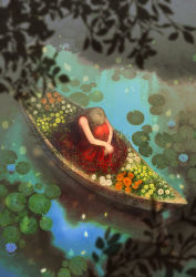 Rule 34 | 1girl, blurry, boat, brown hair, depth of field, dress, flower, from above, head down, highres, lake, leaf, hugging own legs, lily (flower), lily pad, long hair, moryo, original, red dress, sad, scenery, sitting, solo, tree, water, watercraft