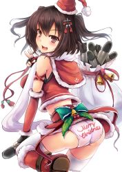 Rule 34 | 10s, 1girl, alternate costume, anchor symbol, ass, bell, bow, christmas, clothes writing, fingerless gloves, gloves, goushou, hair ornament, hat, holding, jingle bell, kantai collection, leaf, long hair, looking at viewer, looking back, merry christmas, open mouth, panties, pink panties, print panties, sack, santa costume, santa hat, scarf, sendai (kancolle), sendai kai ni (kancolle), simple background, solo, thighhighs, torpedo, two side up, underwear, white background, white scarf, white thighhighs