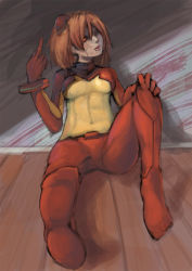 Rule 34 | 00s, 1girl, abs, against wall, bodysuit, evangelion: 2.0 you can (not) advance, glowing, glowing eye, hair ornament, highres, lips, middle finger, multicolored clothes, navel, neon genesis evangelion, nose, orange hair, plugsuit, rebuild of evangelion, riftgarret, short hair, sitting, solo, souryuu asuka langley, test plugsuit