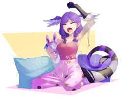 Rule 34 | 1girl, alt text, alternate costume, armpits, bandaged arm, bandages, breasts, camisole, cleavage, clenched hand, commentary, creatures (company), english commentary, eyebrows hidden by hair, fangs, game freak, gen 6 pokemon, hair behind ear, head wings, highres, holding, holding stuffed toy, medium breasts, nijisanji, nijisanji en, nintendo, open mouth, pants, pillow, pink camisole, pink pants, pointy ears, pokemon, pokemon (creature), selen tatsuki, solo, stretching, stuffed toy, sylveon, tail, virtual youtuber, ware to nanji ga chikara mote, wings