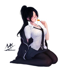 Rule 34 | 1girl, artist name, black hair, black jacket, black necktie, black pantyhose, black skirt, breasts, cleavage, collarbone, collared shirt, dress shirt, full body, glasses, hand up, high ponytail, highres, holding, jacket, jewelry, long hair, looking at viewer, medium breasts, mole, mole under eye, necktie, off shoulder, one eye closed, open clothes, open jacket, original, pantyhose, parted bangs, parted lips, pendant, purple eyes, red-framed eyewear, red lips, shimmer, shirt, short sleeves, side ponytail, simple background, skirt, solo, white background, white shirt