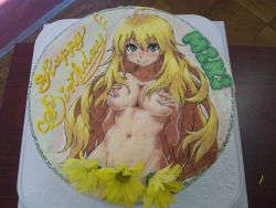 Rule 34 | 1girl, ahoge, birthday, birthday cake, blonde hair, blush, grabbing another&#039;s breast, breast hold, breasts squeezed together, breasts, cake, censored, derivative work, flower, food, food focus, grabbing, green eyes, happy birthday, hoshii miki, idolmaster, idolmaster (classic), large breasts, light smile, long hair, looking at viewer, nipples, nude, photo (medium), solo, sweat, unconventional media, very long hair