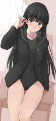 Rule 34 | 1girl, amagami, ayatsuji tsukasa, bad id, bad twitter id, black hair, black jacket, blush, bow, brown eyes, closed mouth, commentary request, desk, grey skirt, tucking hair, hand up, indoors, jacket, long hair, long sleeves, looking at viewer, mobu, on desk, one-piece swimsuit, open clothes, open jacket, school desk, sitting, on desk, skirt, smile, solo, swimsuit, swimsuit under clothes, thigh gap, thighs, very long hair, window