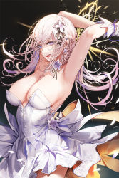 Rule 34 | 1girl, :d, armpits, arms up, bare arms, breasts, commentary, cowboy shot, detached collar, dress, earrings, floating hair, flower, gloves, hair between eyes, hair flower, hair ornament, highres, jewelry, kim eb, large breasts, long hair, looking at viewer, open mouth, original, purple eyes, signature, silver hair, smile, solo, strapless, strapless dress, symbol-only commentary, teeth, upper teeth only, white dress, white gloves, x hair ornament
