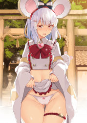 Rule 34 | 1girl, animal ears, architecture, blue hair, bow, bow panties, brooch, buttons, cleft of venus, clothes lift, day, dress, east asian architecture, embarrassed, frills, granblue fantasy, hair bow, hair ornament, hairband, hairclip, heart, heart brooch, highres, jewelry, lifted by self, looking at viewer, medium hair, midriff, mouse ears, nakamura yukitoshi, navel, neck ribbon, open mouth, outdoors, panties, red eyes, red frills, ribbon, rope, shimenawa, skirt, skirt lift, solo, sparkle, standing, star ornament, thigh strap, tile roof, torii, tree, underwear, vikala (granblue fantasy), white dress, white panties