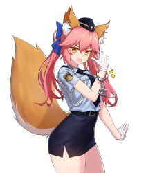 Rule 34 | 10s, 1girl, absurdres, animal ear fluff, animal ears, breasts, cuffs, fang, fate/extella, fate/extra, fate (series), female service cap, fox ears, fox tail, gloves, handcuffs, hat, highres, long hair, looking at viewer, medium breasts, miniskirt, narynn, necktie, official alternate costume, open mouth, pencil skirt, pink hair, police, police hat, police uniform, policewoman, simple background, skirt, smile, solo, standing, tail, tamamo (fate), tamamo no mae (fate/extra), tamamo no mae (police fox) (fate), uniform, white background, yellow eyes