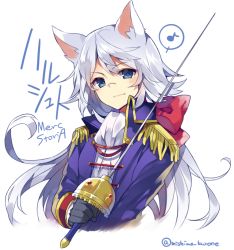 Rule 34 | 10s, 1girl, androgynous, animal ears, blue eyes, cat ears, character name, copyright name, glint, gloves, harushuto, holding, holding sword, holding weapon, long hair, looking at viewer, merc storia, military, military uniform, mishima kurone, musical note, quaver, rapier, silver hair, simple background, solo, speech bubble, spoken musical note, sword, twitter username, uniform, watermark, weapon, web address, white background