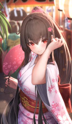 Rule 34 | 1girl, adjusting hair, alternate costume, brown eyes, brown hair, commentary request, commission, flower, from above, hair flower, hair ornament, hand fan, high ponytail, highres, holding, holding fan, japanese clothes, kantai collection, kimono, long hair, obi, paper fan, ponytail, sash, sidelocks, skeb commission, suraimu (suraimuraimu), uchiwa, very long hair, white kimono, wide sleeves, yamato (kancolle)